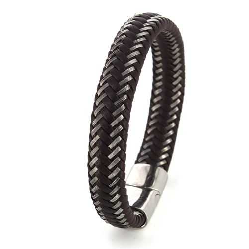 Pulsera Acero Trenzada de Cuero Marrón