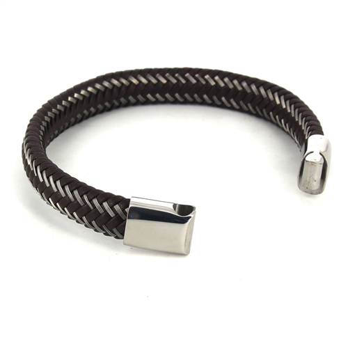 Pulsera Acero Trenzada de Cuero Marrón