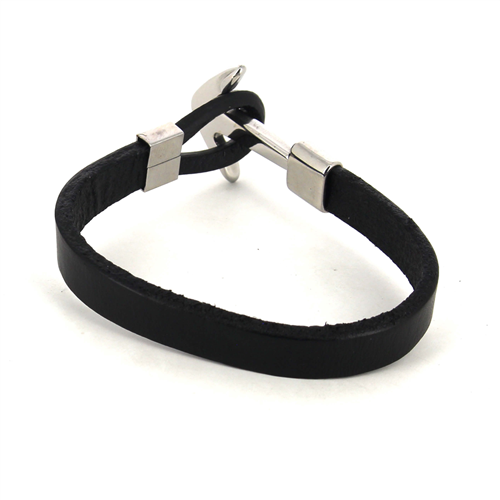 Pulsera Acero y Cuero Liso Negro con Ancla