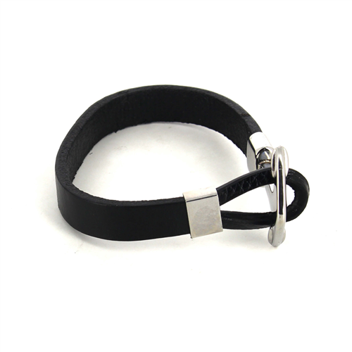Pulsera Acero y Cuero Liso Negro con Ancla