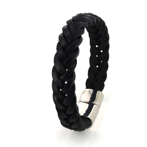 Pulsera Acero y Cuero Negro