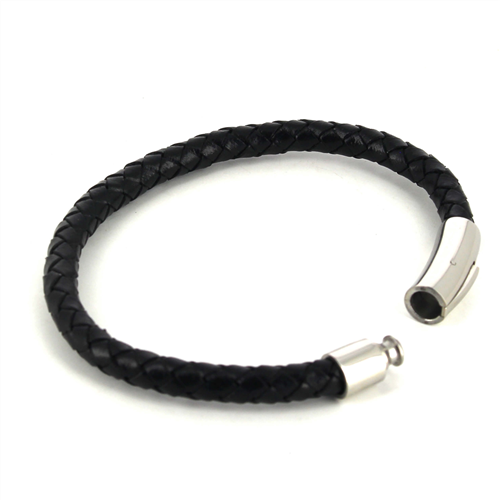 Pulsera Acero y Cuero Negro Cilíndrica