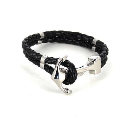 Pulsera Acero y Cuero Negro con Ancla