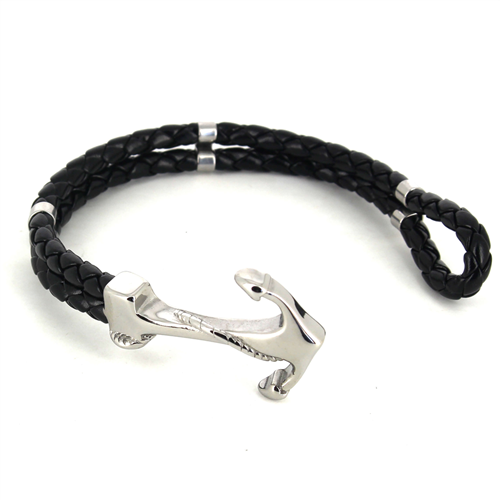 Pulsera Acero y Cuero Negro con Ancla