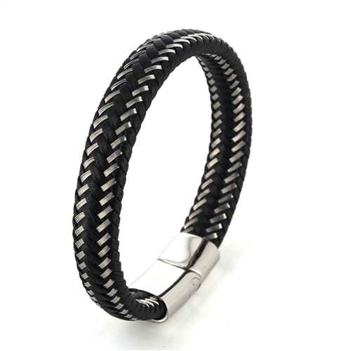 Pulsera Acero y Cuero Negro I