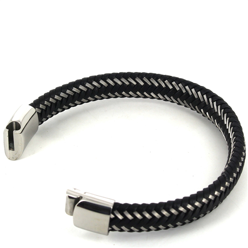 Pulsera Acero y Cuero Negro I