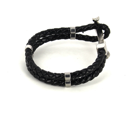 Pulsera Acero y Cuero Trenzado Negro con Ancla