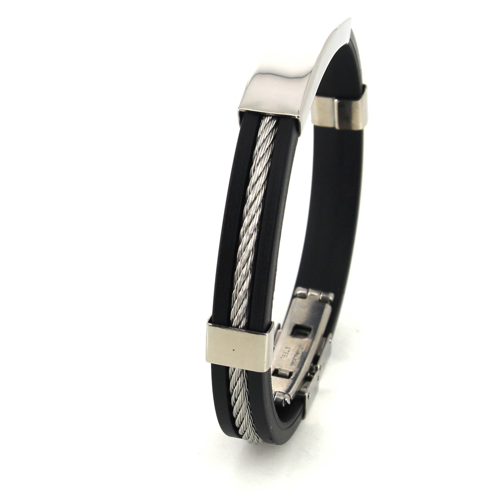 Pulsera Cordaje Acero y Caucho Negro Motivo Liso