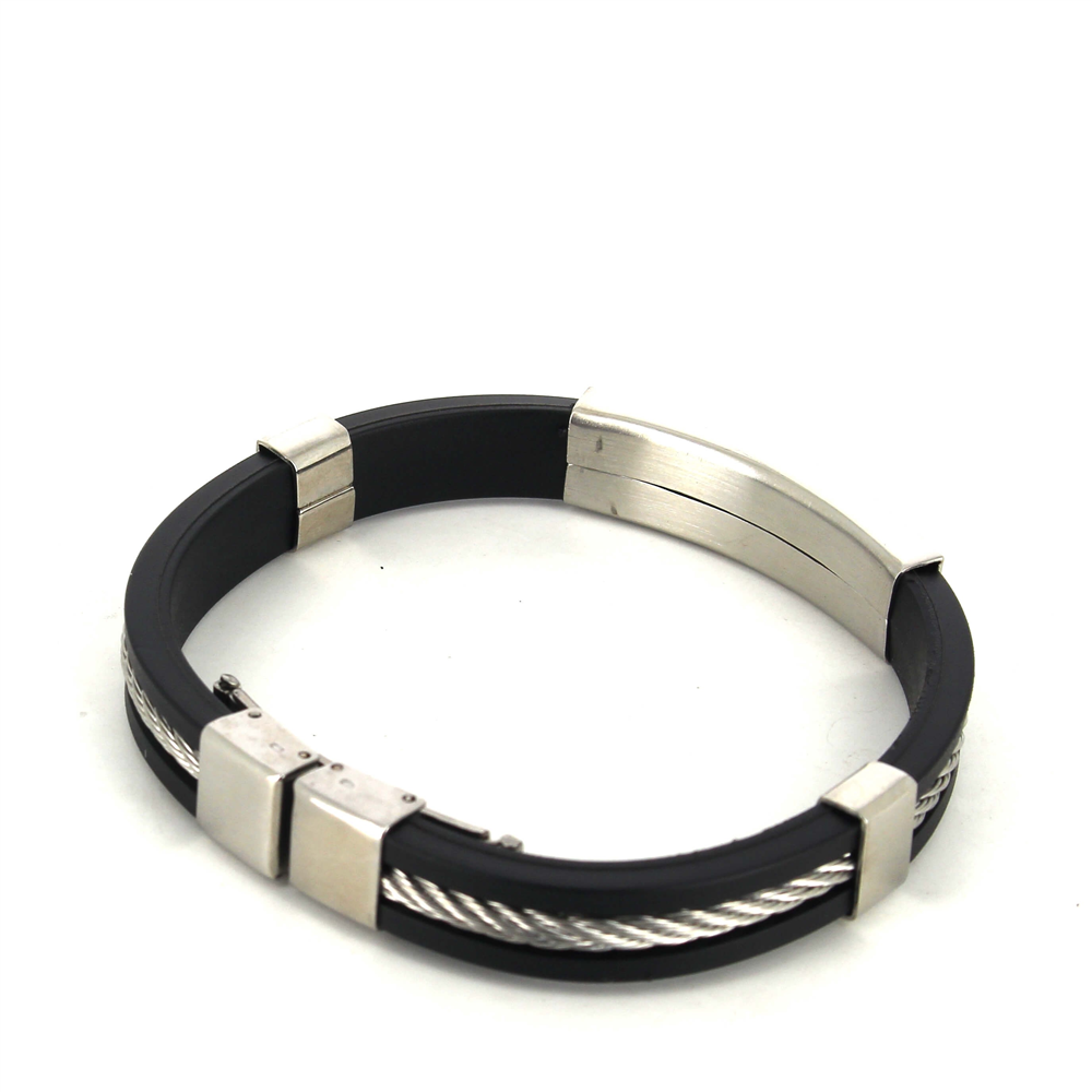 Pulsera Cordaje Acero y Caucho Negro Motivo Liso