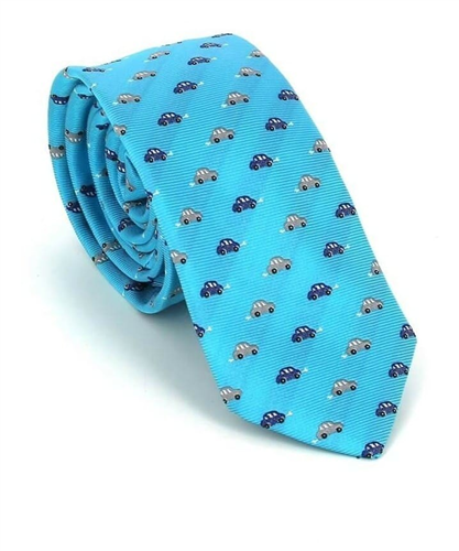 Gravata Estreita Azul com Estampado de Carrinhos