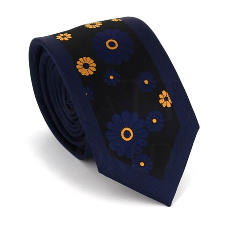 Gravata Estreita Estampada Flores Azul