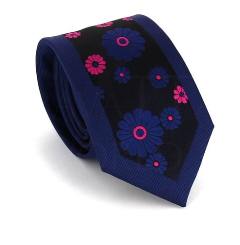 Gravata Estreita Estampada Flores Azul