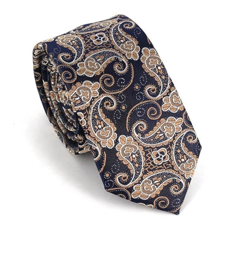 Gravata Estreita Paisley Azul e Dourada