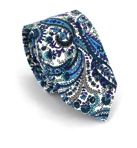 Gravata Estreita Paisley Branca e Azul