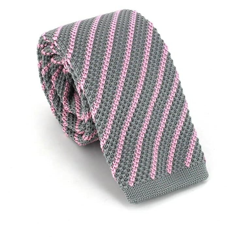 Gravata Ponto Riscas Diagonais Cinza e Rosa