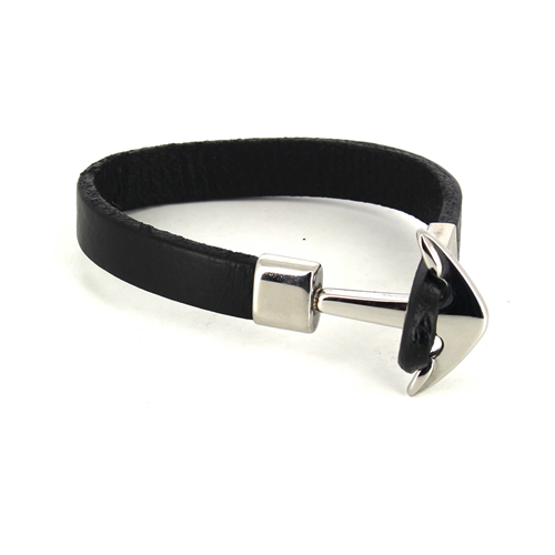 Pulseira em Aço e Couro Preto Liso com Âncora