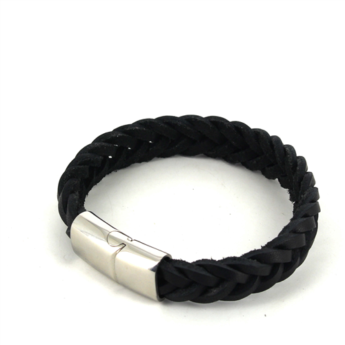 Pulseira em Aço e Couro Preto