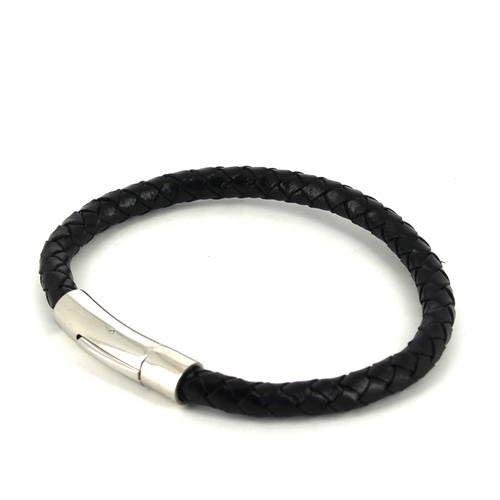 Pulseira em Aço e Couro Preto Cilíndrica