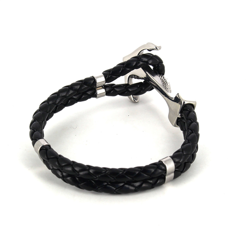 Pulseira em Aço e Couro Preto com Âncora