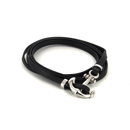 Pulseira em Aço e Couro Preto com Âncora I
