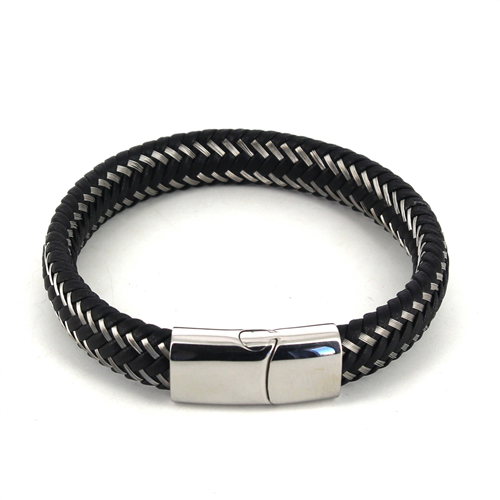 Pulseira em Aço e Couro Preto I