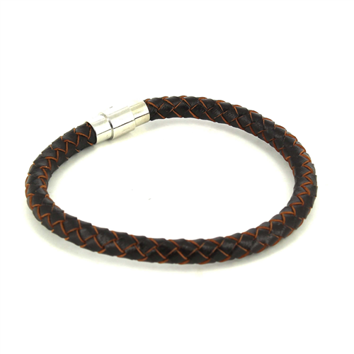 Pulseira em Aço e Couro Preto e Castanho Cilíndrica