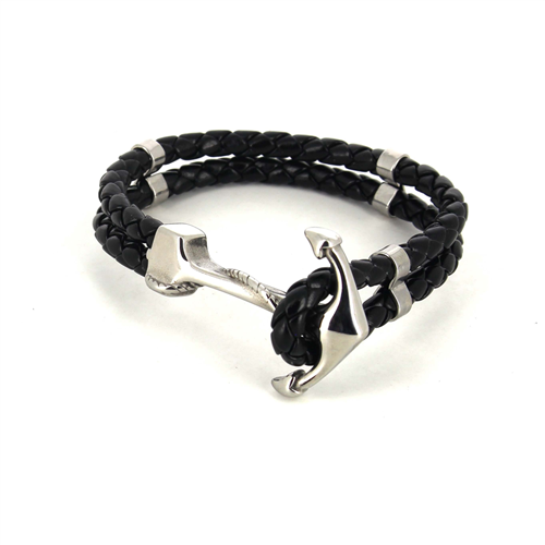 Pulseira em Aço e Couro Trençado Preto com Âncora