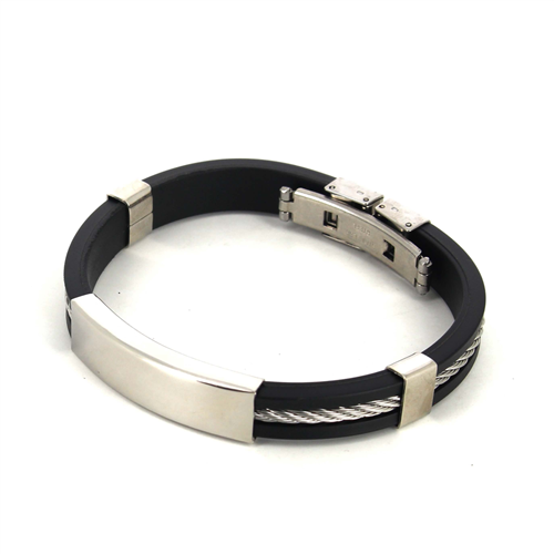 Pulseira de Corda em Aço e Borracha Preta com Motivo Liso
