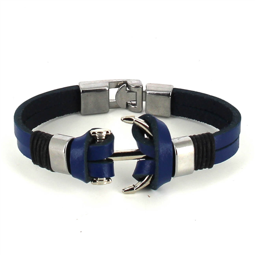 Pulseira de Couro Azul com Âncora