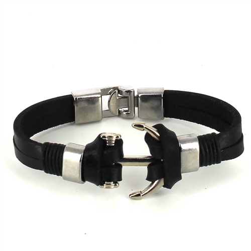 Pulseira de Couro Preto com Âncora