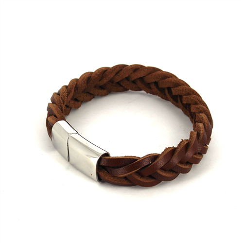 Pulseira de Couro e Aço Trançada Castanha