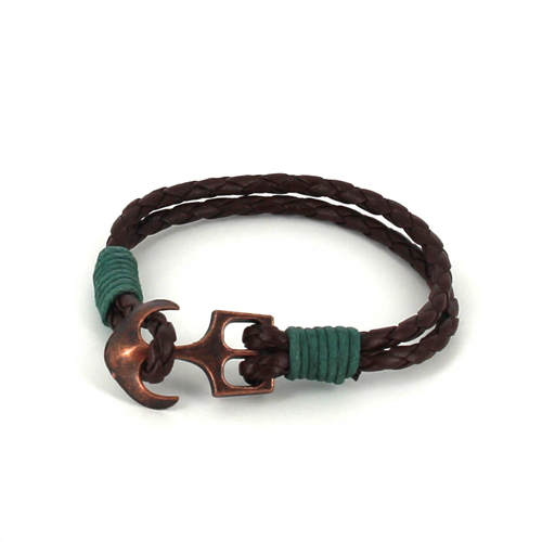 Pulseira de Couro Trançado com Âncora