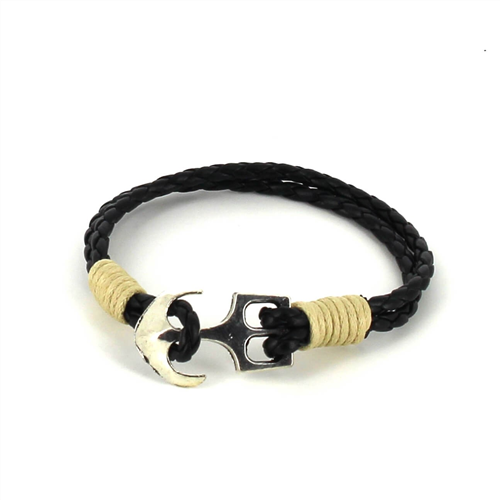 Pulseira de Couro Trançado com Âncora