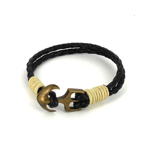 Pulseira de Couro Trançado com Âncora