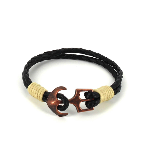 Pulseira de Couro Trançado com Âncora