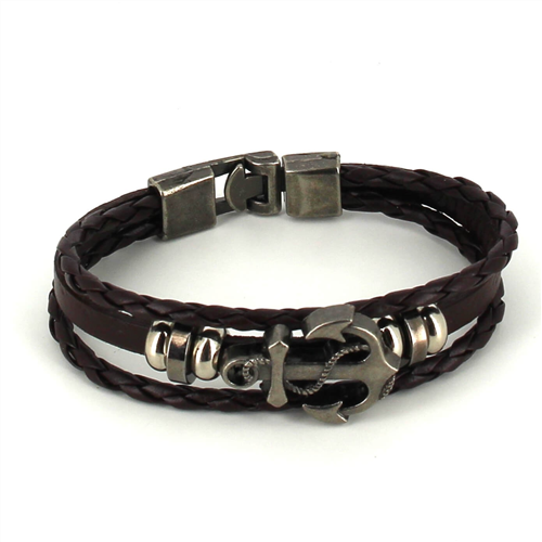 Pulseira de Couro Trançado Castanho Escuro com Âncora