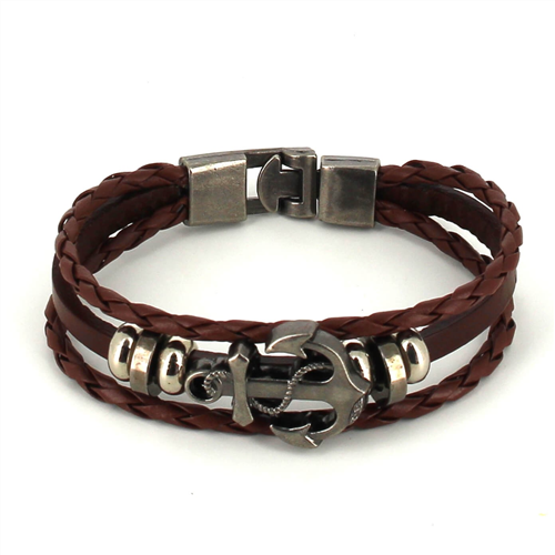 Pulseira de Couro Trançado Castanho com Âncora