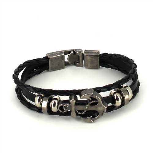 Pulseira de Couro Trançado Preto com Âncora